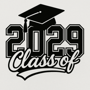 Create an image with the text 'Class of 2029' in a varsity graduation design. Use large, bold number